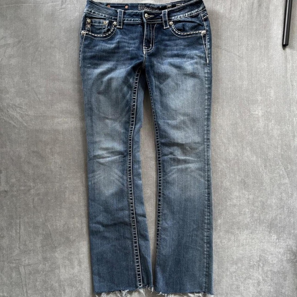 Miss Me Signature Bootcut Jeans Blue Distressed Embellished Y2K Grunge Size 30